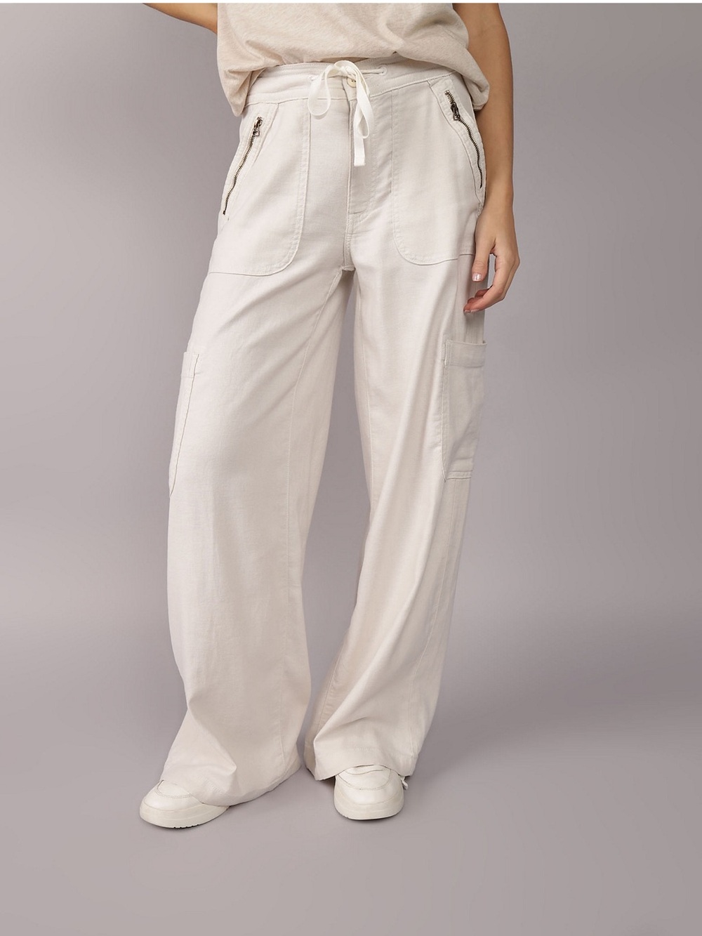 American Eagle Outfitters Baggy Wide-Leg Utility Pants - Cream/Khaki
